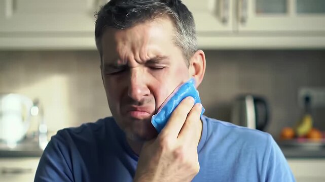 Middle Aged Man with Short Graying Hair Grimacing with a Blue Ice Pack Pressed on Face for Toothache or Facial Pain Relief at Home, Captured in Eye Level Shot