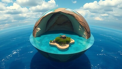 A cutaway Earth core reveals an azure ocean with floating islands, defying natural laws.