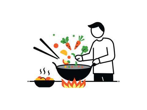 cooking wok with vegetables and chef clip art preview