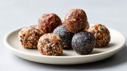 Healthy recipes of assorted energy balls on a plate, featuring various textures and colors.