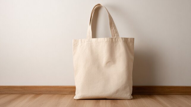 Simple beige tote bag placed on a wooden floor against a plain wall, ideal for eco-friendly shopping