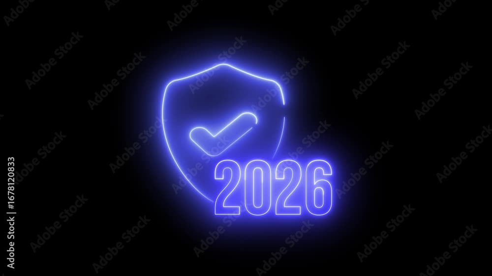 Aufkleber neon light effect animation of a shield icon with a check mark and the year 2026