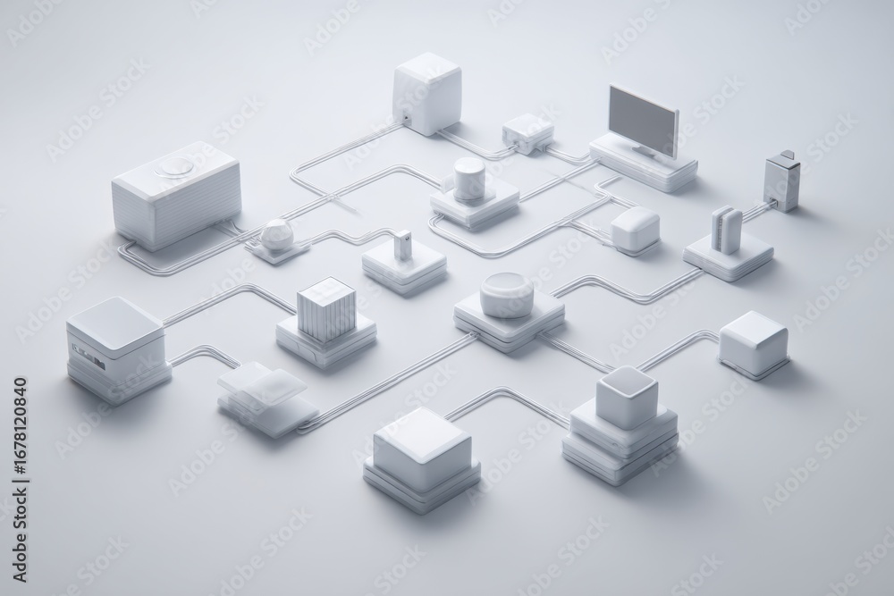 Fototapete abstract connection network with white geometric shapes representing data flow and digital communica