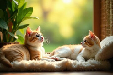 Two adorable ginger kittens relax on a soft, fluffy surface, basking in the warm glow of sunlight filtering through a window, a serene and peaceful scene of feline companionship