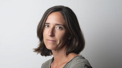 Fototapeta premium Portrait of a beautiful woman with a loose straight bob with a side hairstyle, looking directly at the lens with professional studio lighting, sharp focus, low contrast and soft shadows.