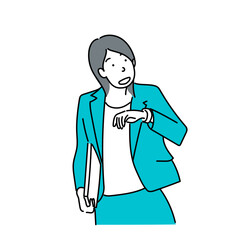 腕時計を見て驚くビジネスウーマンのベクターイラスト｜遅刻・時間の焦り・スケジュール管理