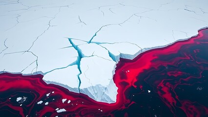 Antarctic ice shelf fracturing into geometric blue shards against warming red ocean currents.