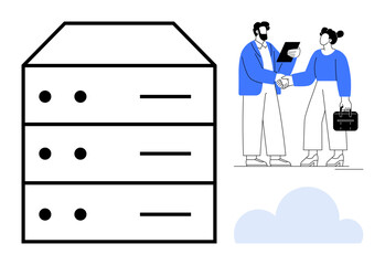 Large data server stack next to business professionals shaking hands and discussing digital concepts. Ideal for technology, cloud computing, collaboration, networking, business solutions, data