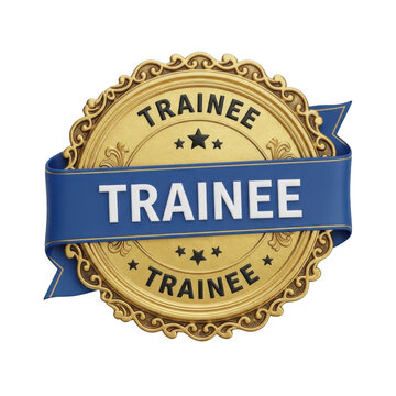 Gold seal badge with blue ribbon and trainee text isolated on transparent background