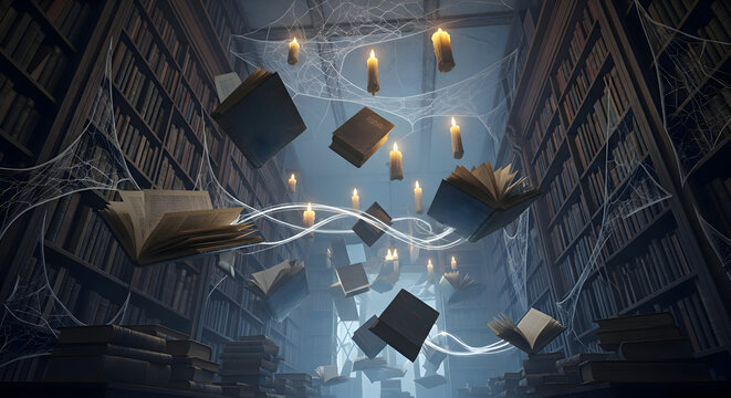 A spooky library with floating books and candles, covered in cobwebs creating a magical atmosphere