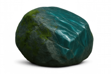 Moss-covered rock featuring turquoise mineral accents, resting on a transparent background, showcasing intricate textures and natural detail