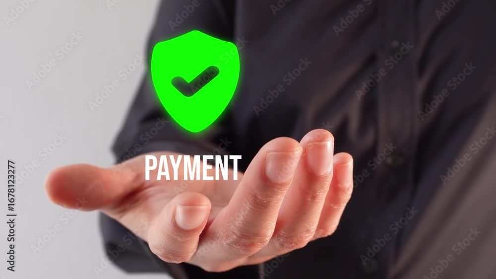 Aufkleber secure payment. a businessman's hand holding an animated image of a shield with a check mark and the