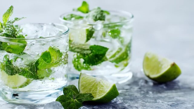 Refreshing mojitos in glass glasses with ice and lime slices.