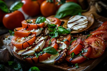 Vibrant tomatoes paired with creamy mozzarella and fresh basil drizzled with balsamic glaze on a wooden board. Delicious and appetizing presentation evokes freshness and culinary delight.