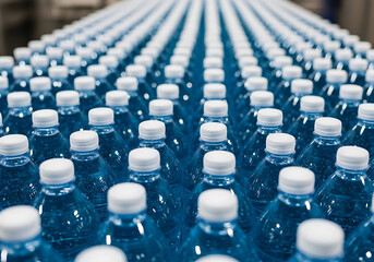 Obraz premium Rows of blue plastic water bottles with white caps on a production line, showcasing mass production and the beverage industrys scale