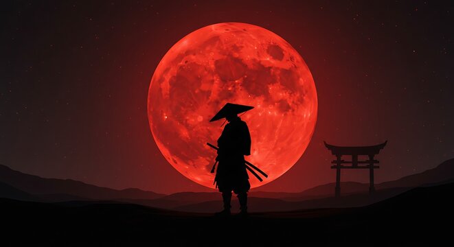 Silhouette of a Warrior Against a Red Moon, Fantasy Landscape