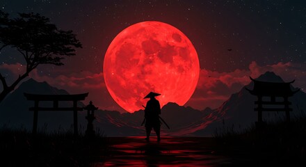 Naklejka premium Crimson Moon Samurai: Ancient Warrior Under the Red Sky