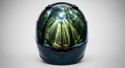 Modern Dark Blue Motorcycle Helmet with Green Forest Reflection and Sun Rays on Visor in Studio