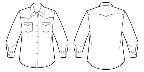 Front and back view of western style denim shirt fashion illustration cowboy