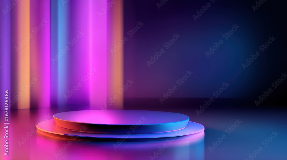 Poster vibrant illuminated stage with circular platforms showcasing colorful light beams in a dark setting