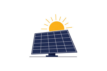 Minimal Flat Vector Illustration of Solar Panel with Sun Above – Clean Geometric Renewable Energy Design, Isolated  on transparent background 