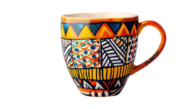Close up of a colorful ceramic mug with geometric patterns against a black background studio shot - Powered by Adobe