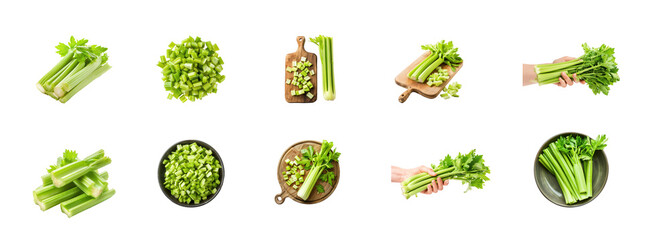 Collection of Pile of celery ribs isolate on transparency background
