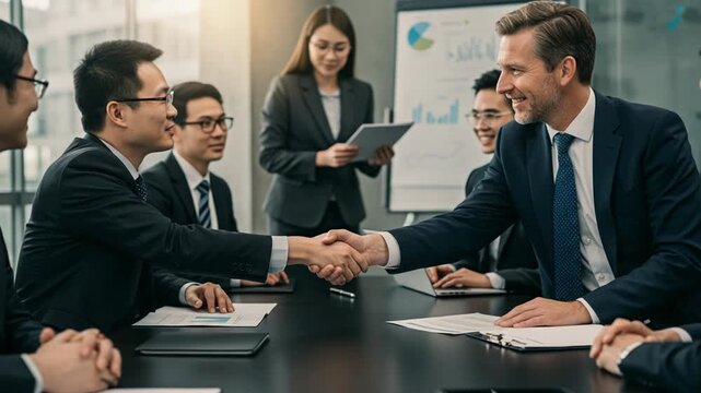 Business people shaking hands during a meeting, closing a deal
