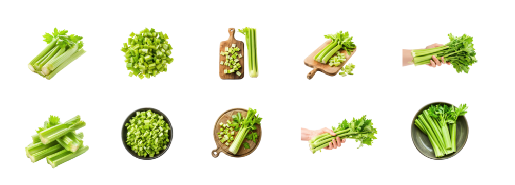 Collection of Pile of celery ribs isolate on transparency background