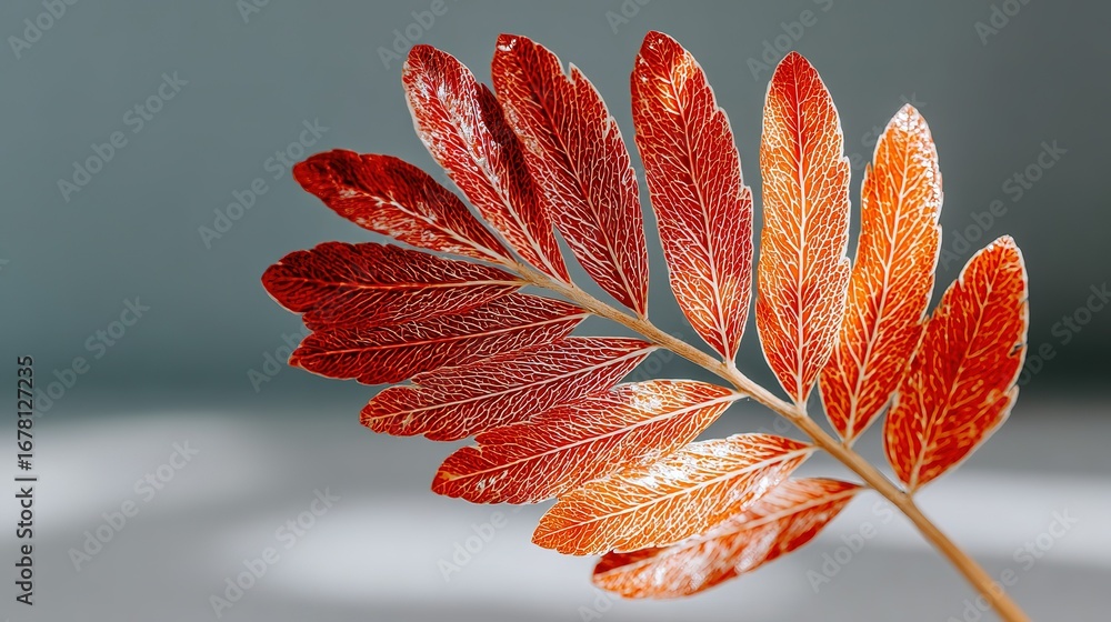 Poster red and orange autumn leaf branch on a neutral background with soft light.