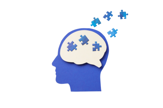 Brain as puzzle pieces for creativity, isolated on white, PNG