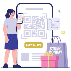Cyber Monday Illustration. Vector illustration of Shopper displays a QR code and phone near a big “pay now” screen with Cyber Monday bag and gift. Isolated on background