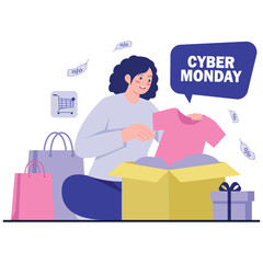 Cyber Monday Illustration. Vector illustration of Woman opens a package with a new shirt among shopping bags and gifts, Cyber Monday tag floating around. Isolated on background