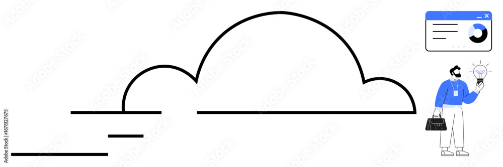 Poster cloud outline with a graph interface, man holding light bulb near briefcase. ideal for data storage,