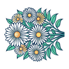Vector art of a colorful floral bouquet with green leaves on a white background
