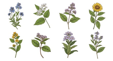 Collection of Detailed Botanical Illustrations of Flowers and Plants.