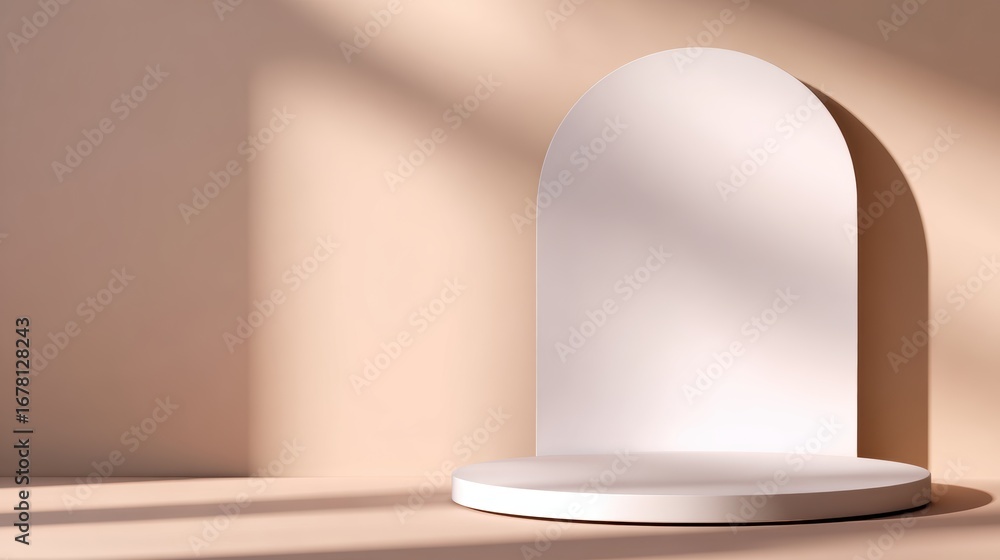 Poster minimalist display pedestal in soft lighting, creating a serene atmosphere for product showcasing