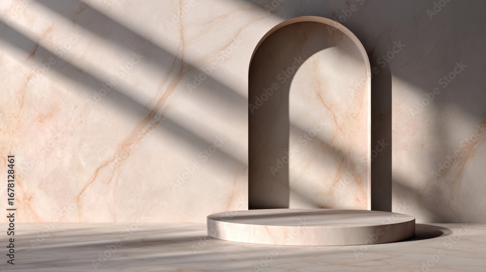 Poster elegant minimalist arch structure on a marble backdrop with soft shadows, ideal for product showcase