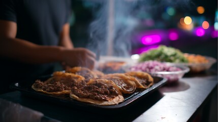 Street food vendor preparing tacos at night with neon glow