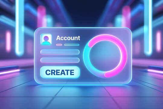 Futuristic digital account creation and user profile setup interface, featuring a neon-glowing sign-up form for secure access and online identity management. - Powered by Adobe