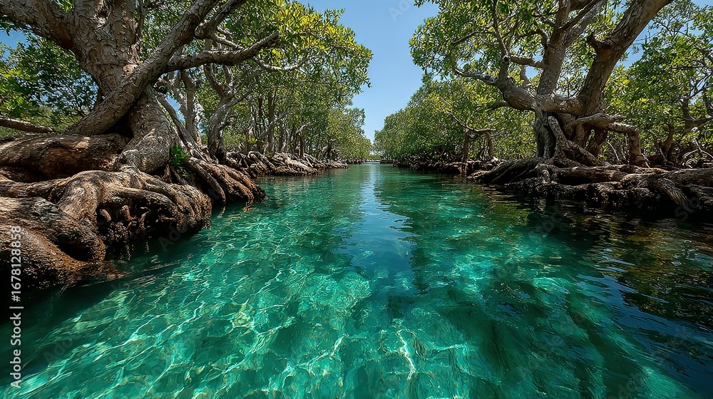 Poster clear turquoise river flows through a forest with large tree roots visible.
