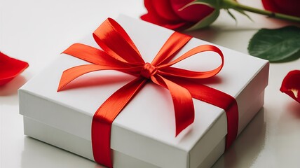 White gift box with red ribbon bow and rose petals on table
