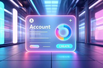 Futuristic digital account creation and user profile setup interface, featuring a neon-glowing sign-up form for secure access and online identity management.
