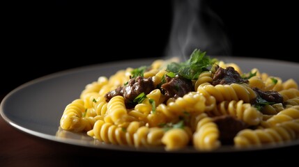 Traditional Italian pasta dish with cinematic lighting and steam