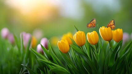 Vibrant spring meadow with tulips and butterflies in golden sunlight
