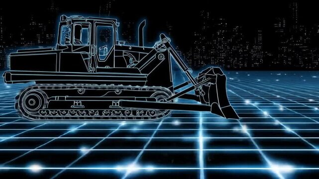 Futuristic Construction Bulldozer Silhouette in a TechInspired Cityscape.
