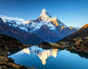 Fototapeta premium Majestic mountain peak reflecting in a tranquil alpine lake at sunrise