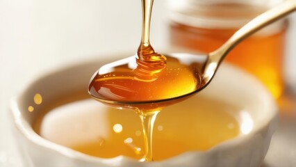 Viscous Golden Honey Drizzling from Spoon into Bowl, Macro Shot