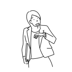 腕時計を見て驚く女性の線画ベクターイラスト｜遅刻・スケジュール確認・時間の焦り
