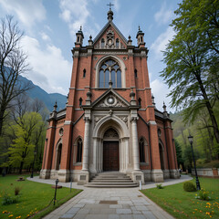 Fototapeta premium Wide angle shot of the Mausoleum of Archduke John of Austria, in Schenna, South Tyrol, Italy. A red brick building in Gothic Revival style from 19th century.